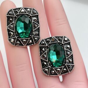 Silver Tone Green Glass Rhinestone Earrings Post Back Art Deco Bold Vintage Look